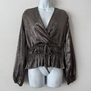 Dalin Pewter Metallic Plisse Pleated Wrap Top Shimmer Party Peplum Blouse M
